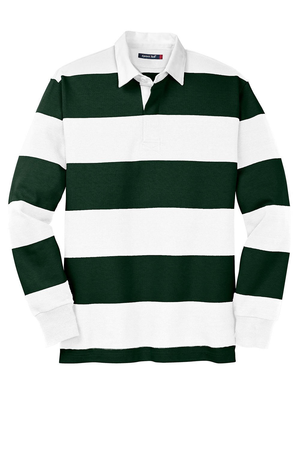 Sport-Tek ST301 Mens Classic Rugby Long Sleeve Polo Shirt Forest Green/White Flat Front