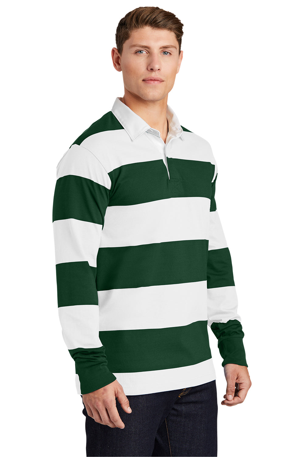 Sport-Tek ST301 Mens Classic Rugby Long Sleeve Polo Shirt Forest Green/White Model 3q