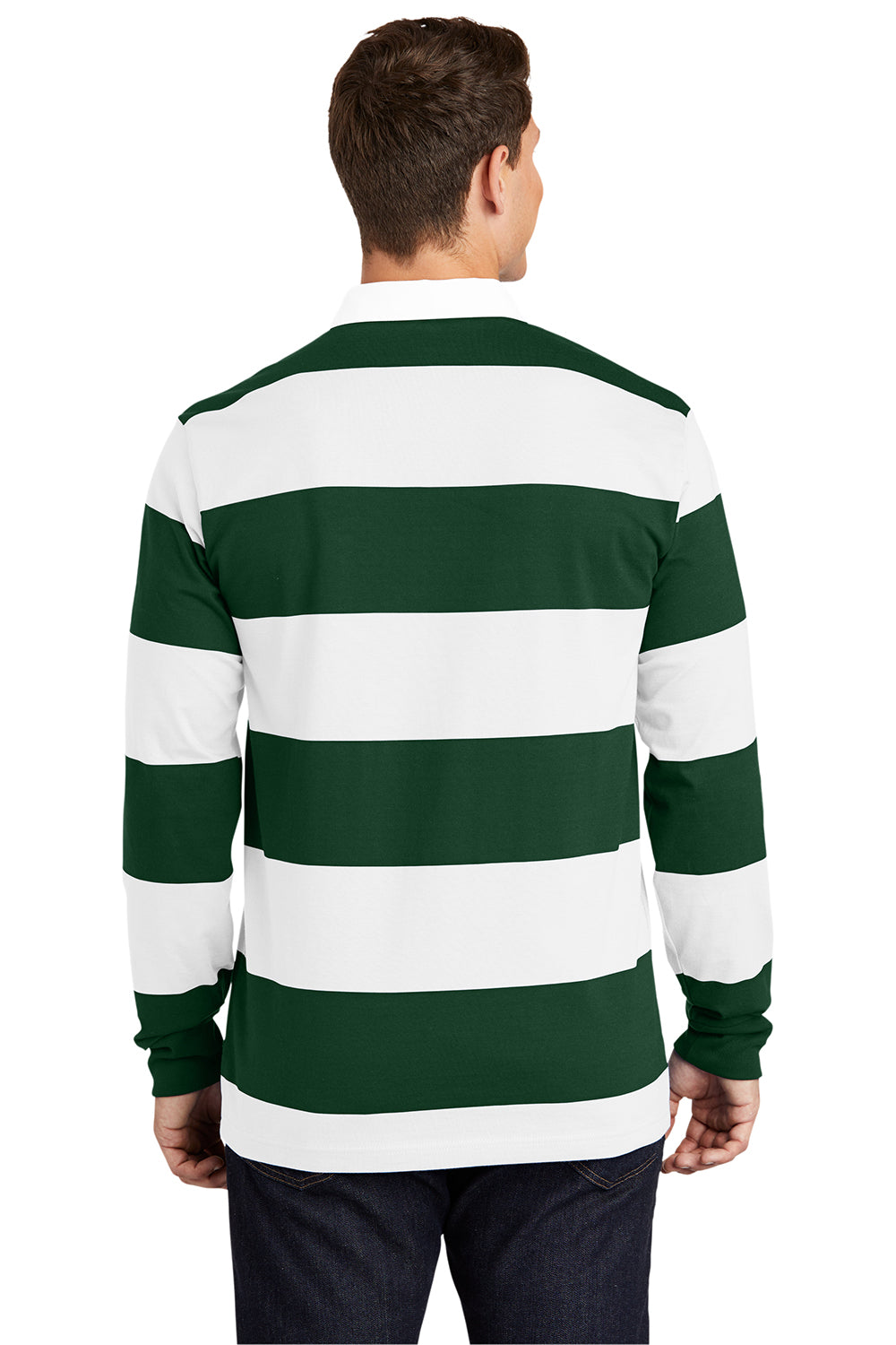 Sport-Tek ST301 Mens Classic Rugby Long Sleeve Polo Shirt Forest Green/White Model Back