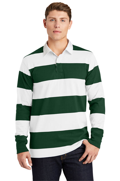 Sport-Tek ST301 Mens Classic Rugby Long Sleeve Polo Shirt Forest Green/White Model Front