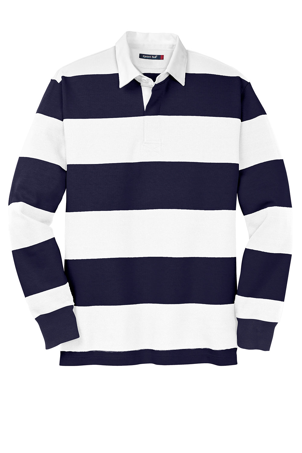 Sport-Tek ST301 Mens Classic Rugby Long Sleeve Polo Shirt True Navy Blue/White Flat Front