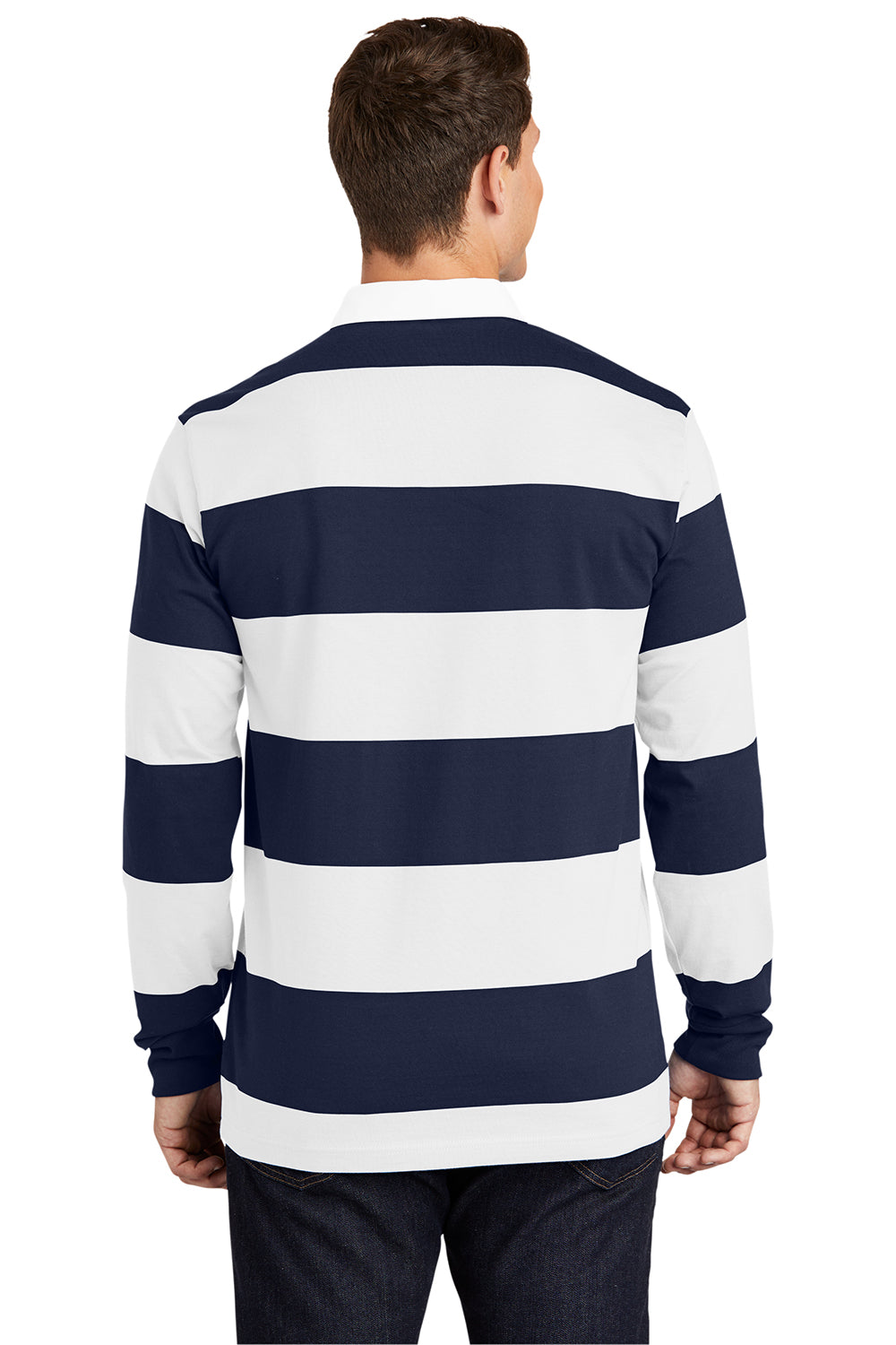 Sport-Tek ST301 Mens Classic Rugby Long Sleeve Polo Shirt True Navy Blue/White Model Back