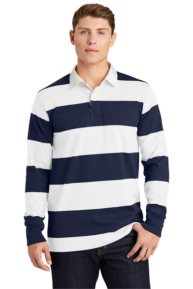 Sport-Tek ST301 Mens Classic Rugby Long Sleeve Polo Shirt True Navy Blue/White Model Front