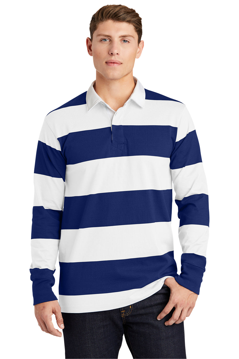 Sport-Tek ST301 Mens Classic Rugby Long Sleeve Polo Shirt True Royal Blue/White Model Front