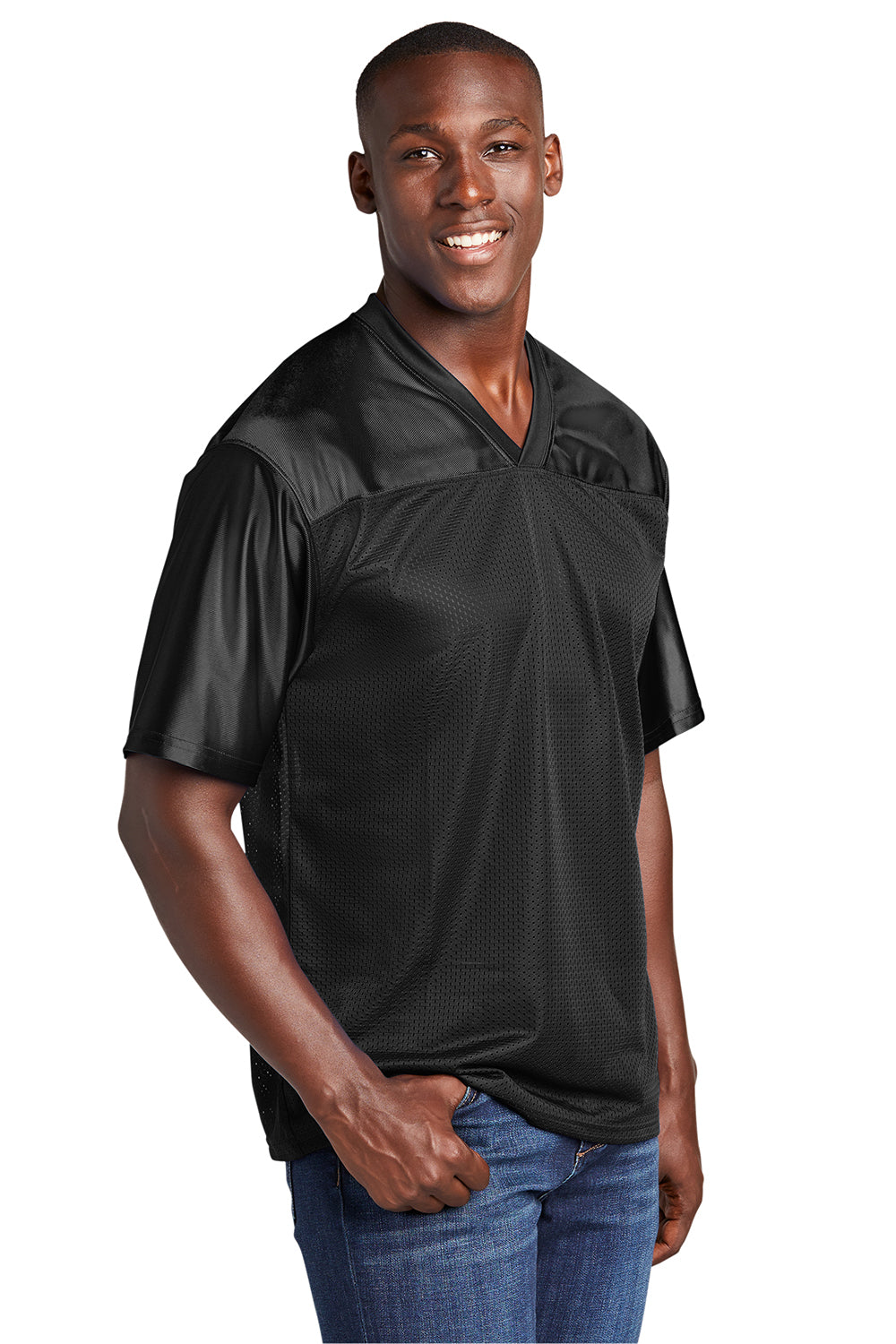 Sport-Tek ST307 Mens Short Sleeve V-Neck T-Shirt Black Model 3q