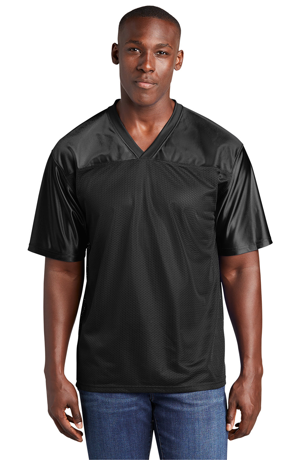 Sport-Tek ST307 Mens Short Sleeve V-Neck T-Shirt Black Model Front