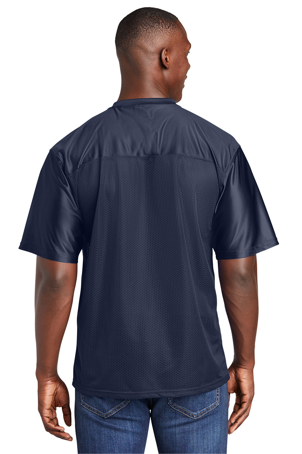 Sport-Tek ST307 Mens Short Sleeve V-Neck T-Shirt True Navy Blue Model Back