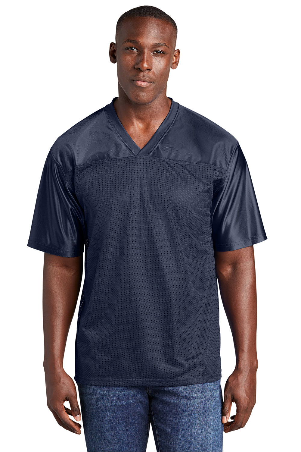 Sport-Tek ST307 Mens Short Sleeve V-Neck T-Shirt True Navy Blue Model Front