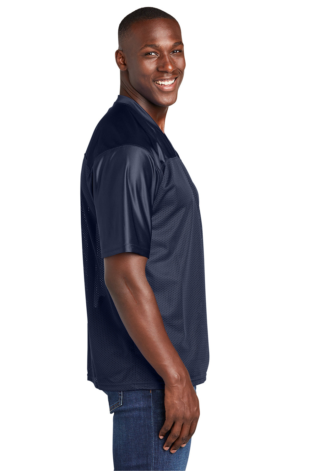 Sport-Tek ST307 Mens Short Sleeve V-Neck T-Shirt True Navy Blue Model Side