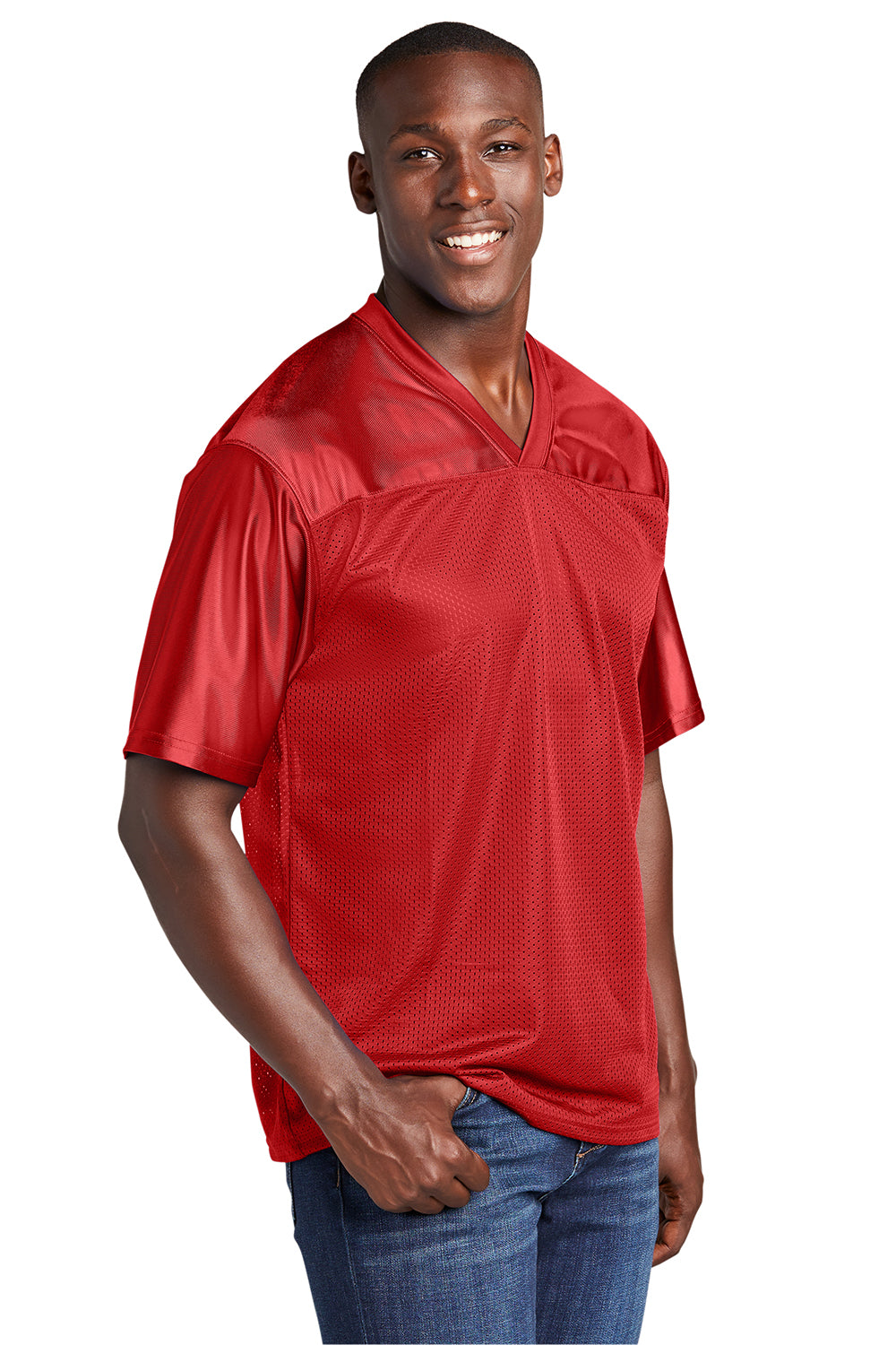 Sport-Tek ST307 Mens Short Sleeve V-Neck T-Shirt True Red Model 3q