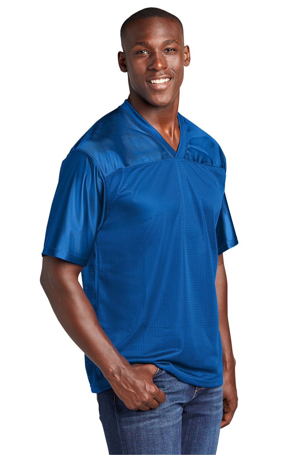 Sport-Tek ST307 Mens Short Sleeve V-Neck T-Shirt True Royal Blue Model 3q