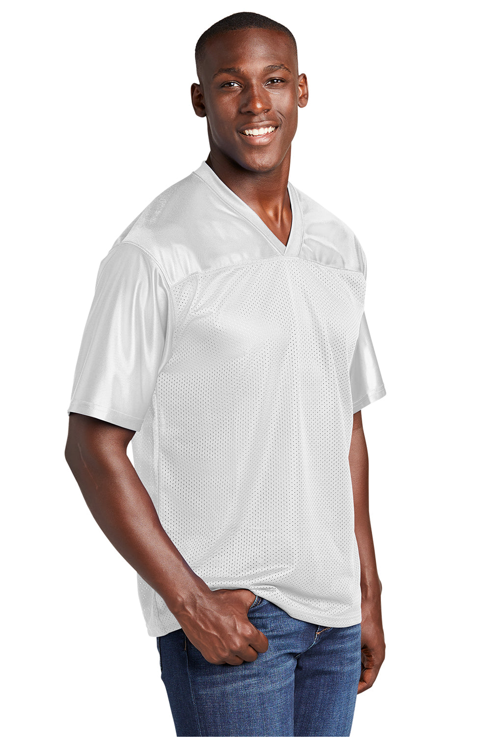 Sport-Tek ST307 Mens Short Sleeve V-Neck T-Shirt White Model 3q