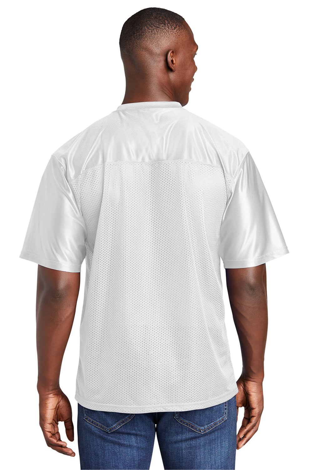 Sport-Tek ST307 Mens Short Sleeve V-Neck T-Shirt White Model Back