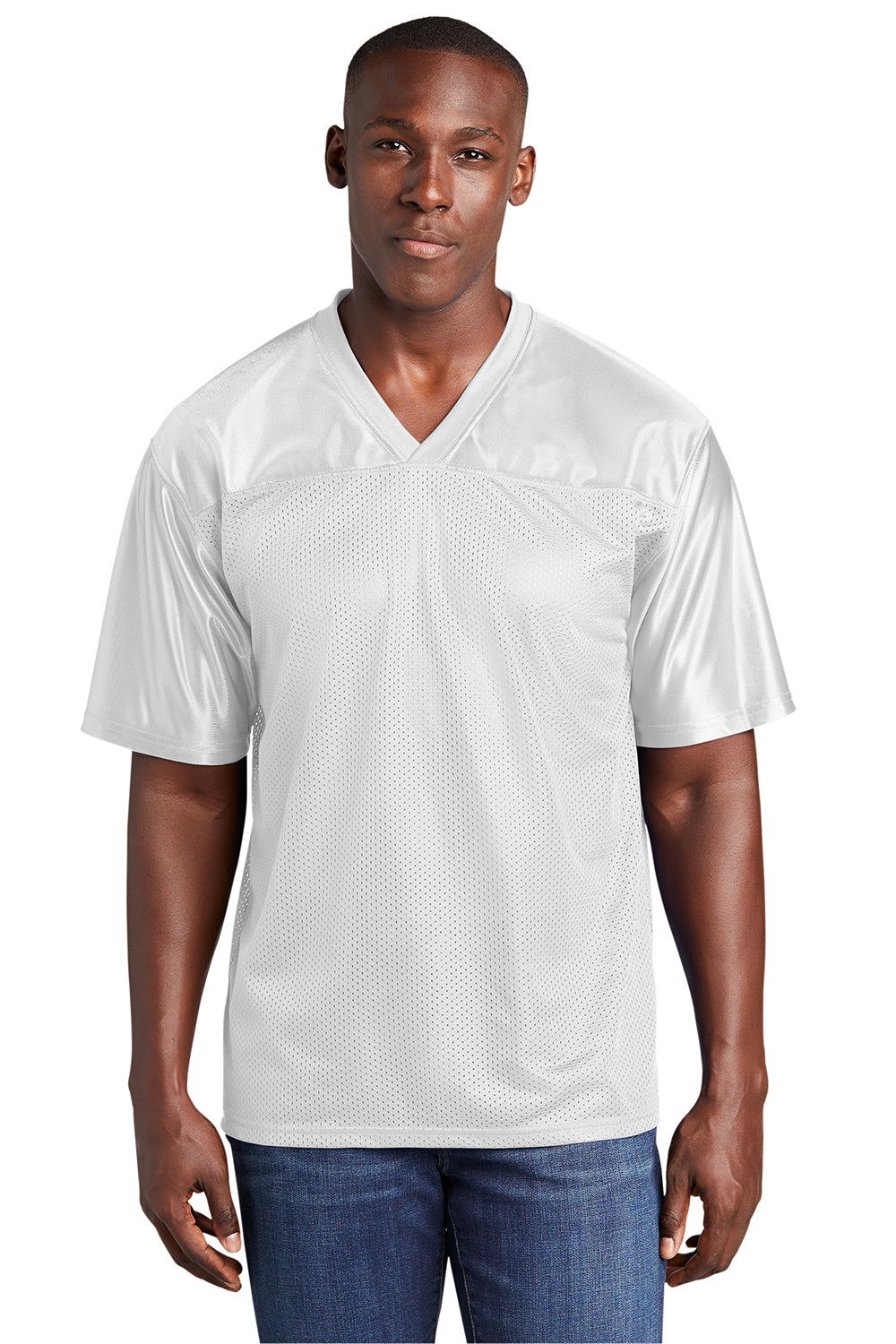 Sport-Tek ST307 Mens Short Sleeve V-Neck T-Shirt White Model Front