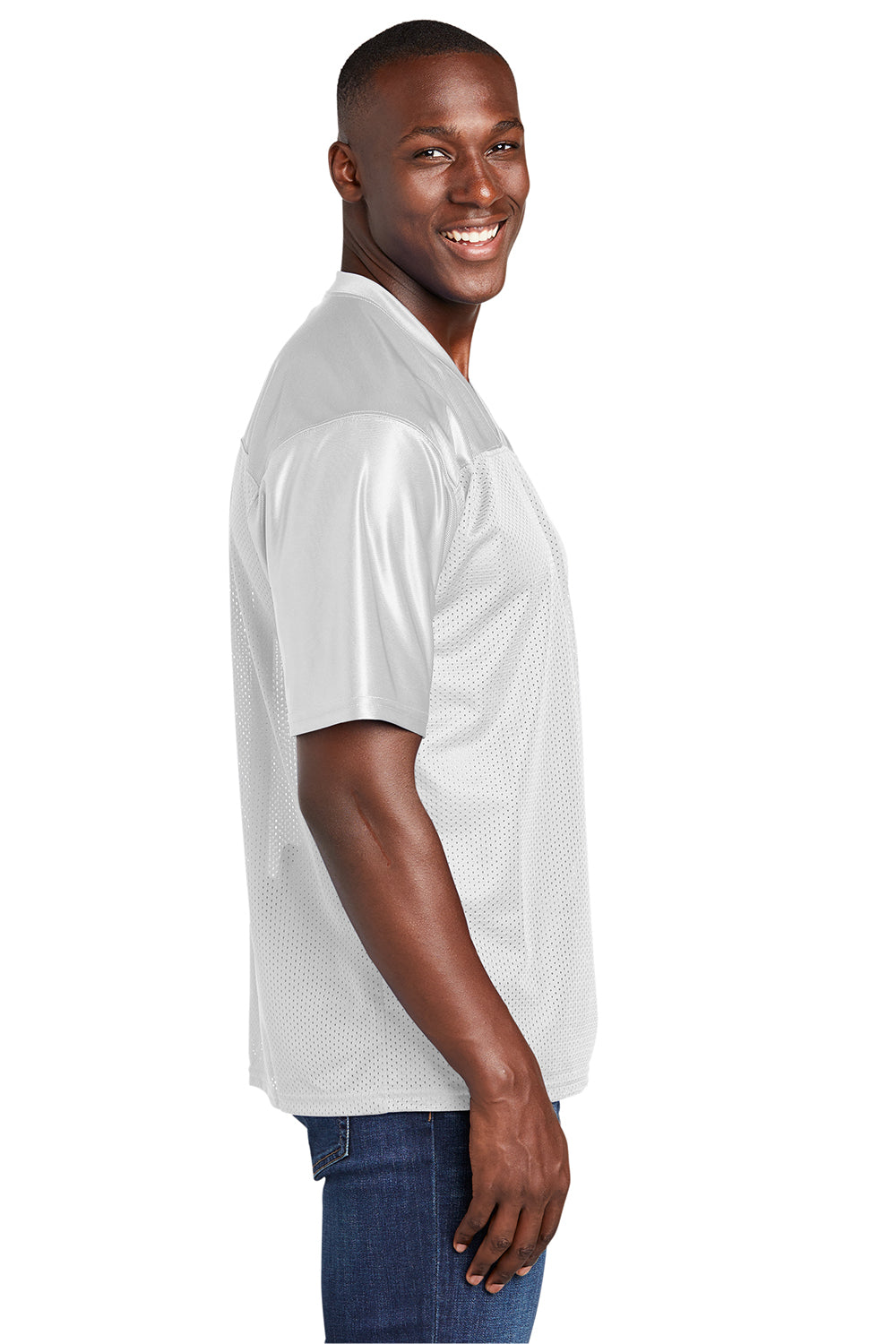 Sport-Tek ST307 Mens Short Sleeve V-Neck T-Shirt White Model Side