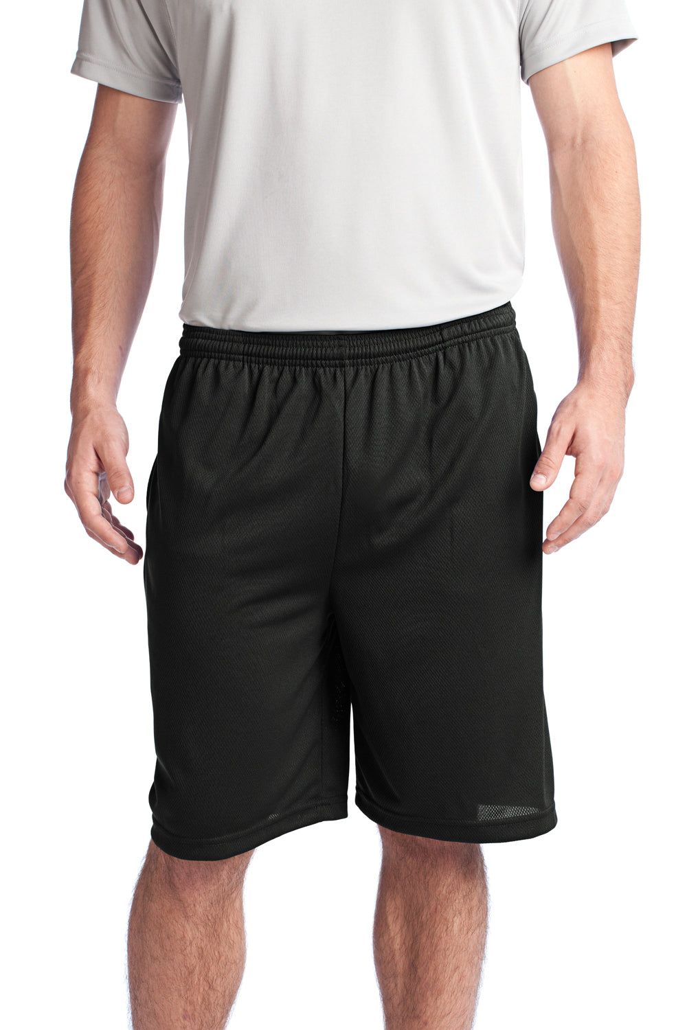 Sport-Tek ST312 Mens Moisture Wicking Tough Mesh Shorts w/ Pockets Black Model Front