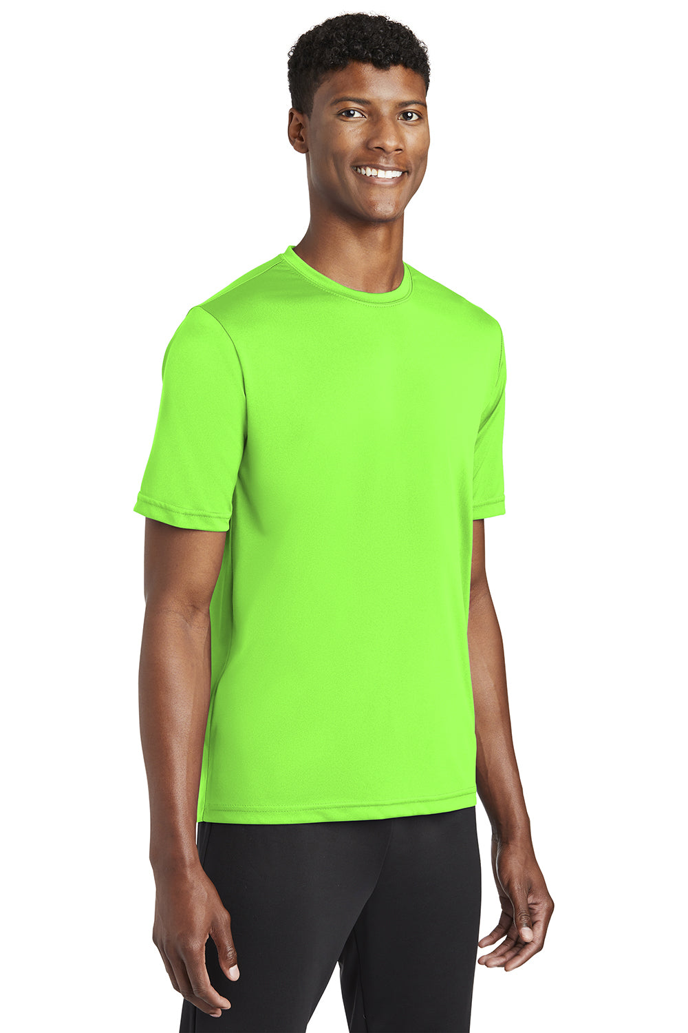 Sport-Tek ST320 Mens Tough Moisture Wicking Short Sleeve Crewneck T-Shirt Neon Green Model 3q