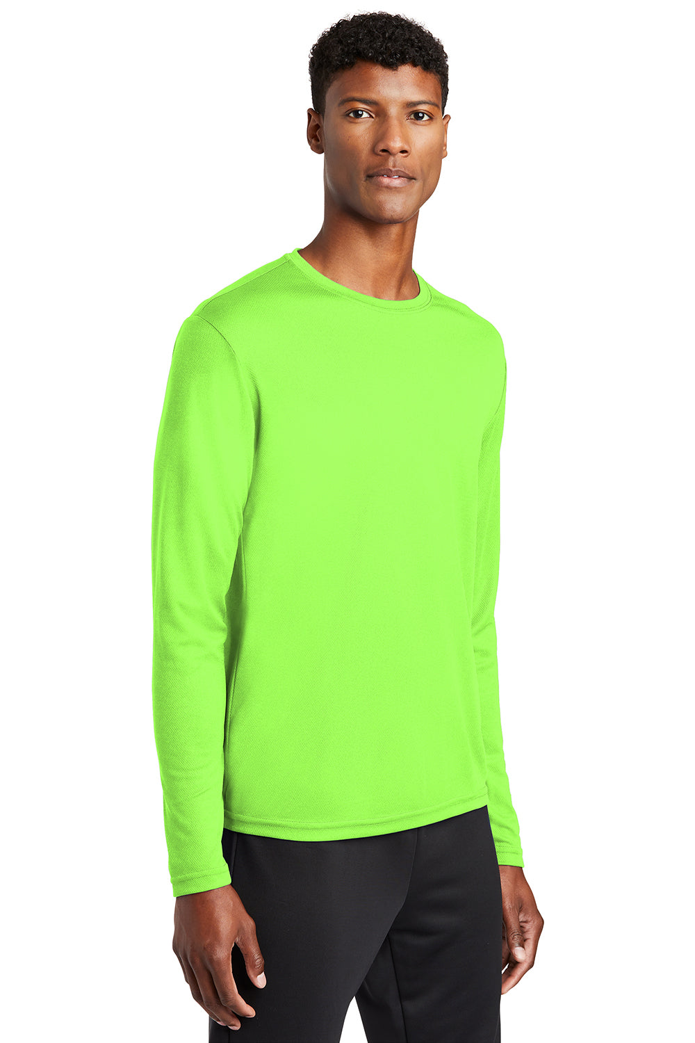 Sport-Tek ST340LS Mens RacerMesh Moisture Wicking Long Sleeve Crewneck T-Shirt Neon Green Model 3q