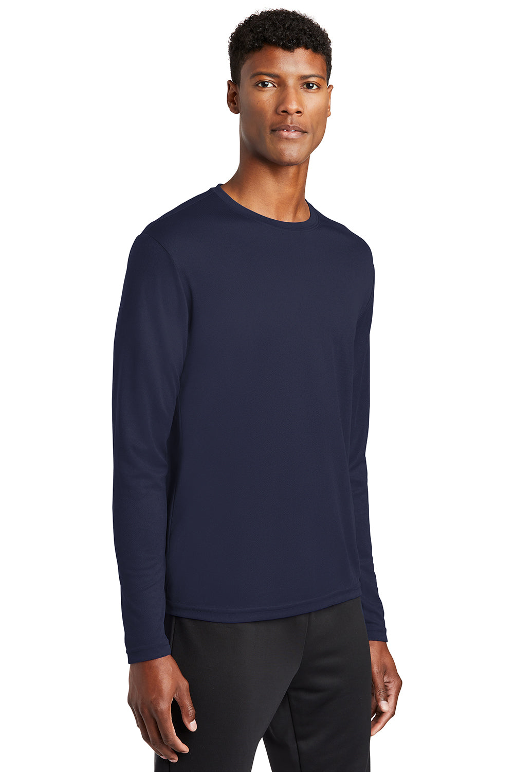 Sport-Tek ST340LS Mens RacerMesh Moisture Wicking Long Sleeve Crewneck T-Shirt True Navy Blue Model 3q