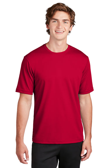 Sport-Tek ST340 Mens RacerMesh Moisture Wicking Short Sleeve Crewneck T-Shirt Deep Red Model Front