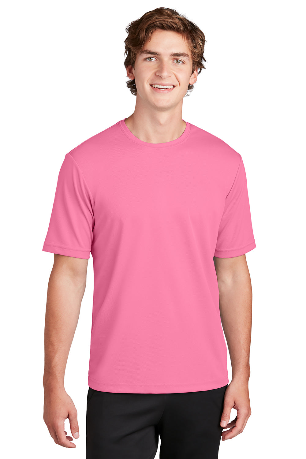 Sport-Tek ST340 Mens RacerMesh Moisture Wicking Short Sleeve Crewneck T-Shirt Bright Pink Model Front