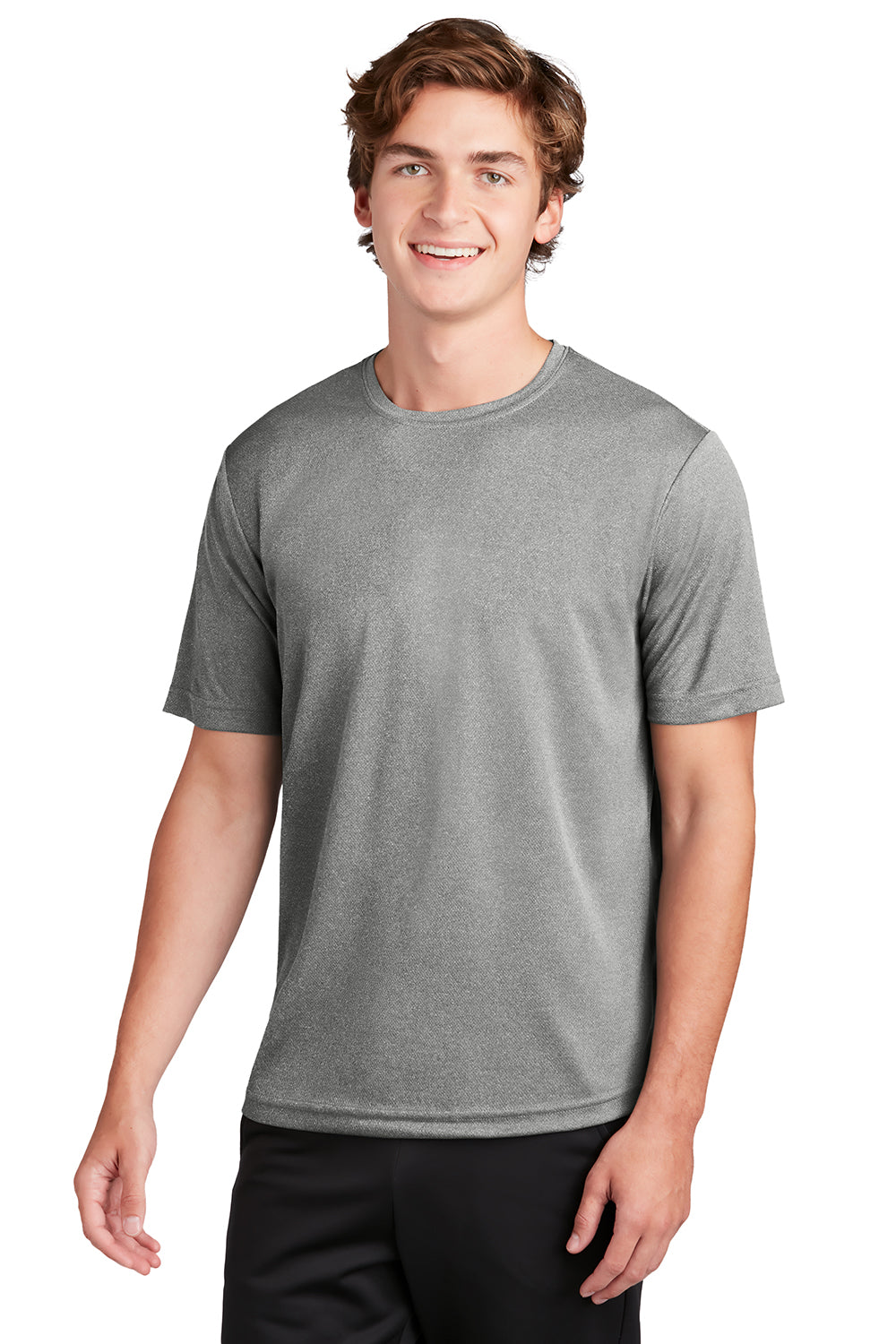 Sport-Tek ST340 Mens RacerMesh Moisture Wicking Short Sleeve Crewneck T-Shirt Heather Grey Model Front