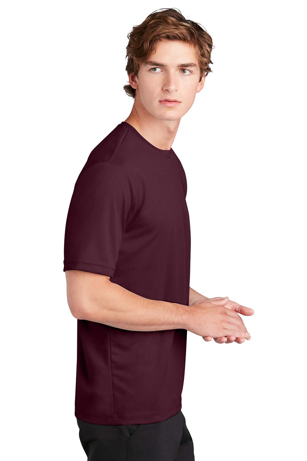 Sport-Tek ST340 Mens RacerMesh Moisture Wicking Short Sleeve Crewneck T-Shirt Maroon Model Side