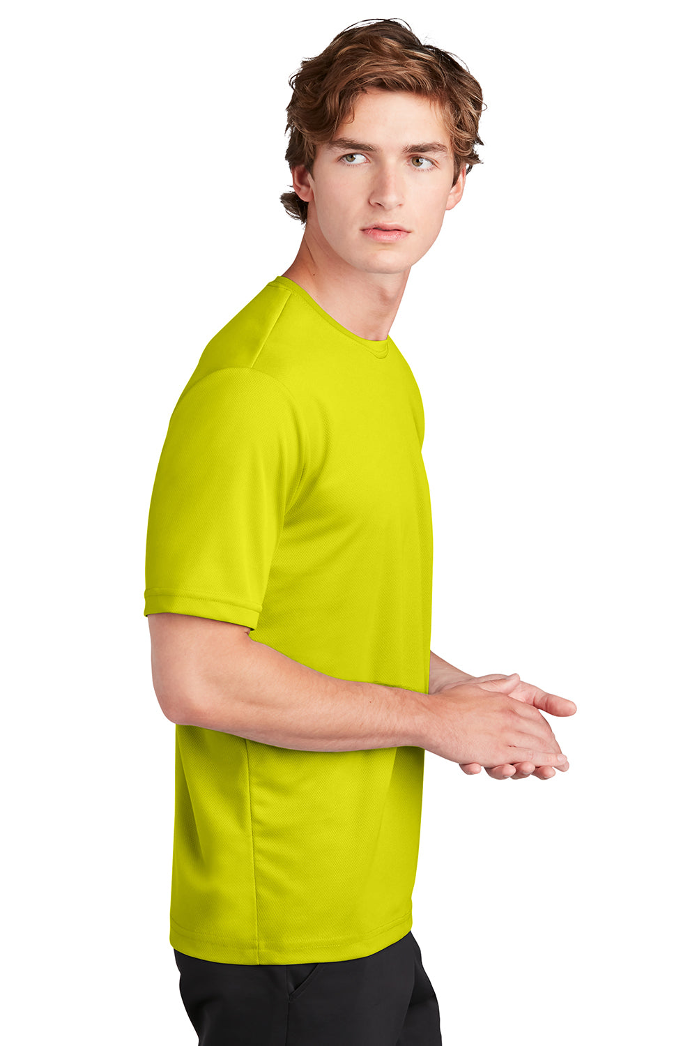 Sport-Tek ST340 Mens RacerMesh Moisture Wicking Short Sleeve Crewneck T-Shirt Neon Yellow Model Side