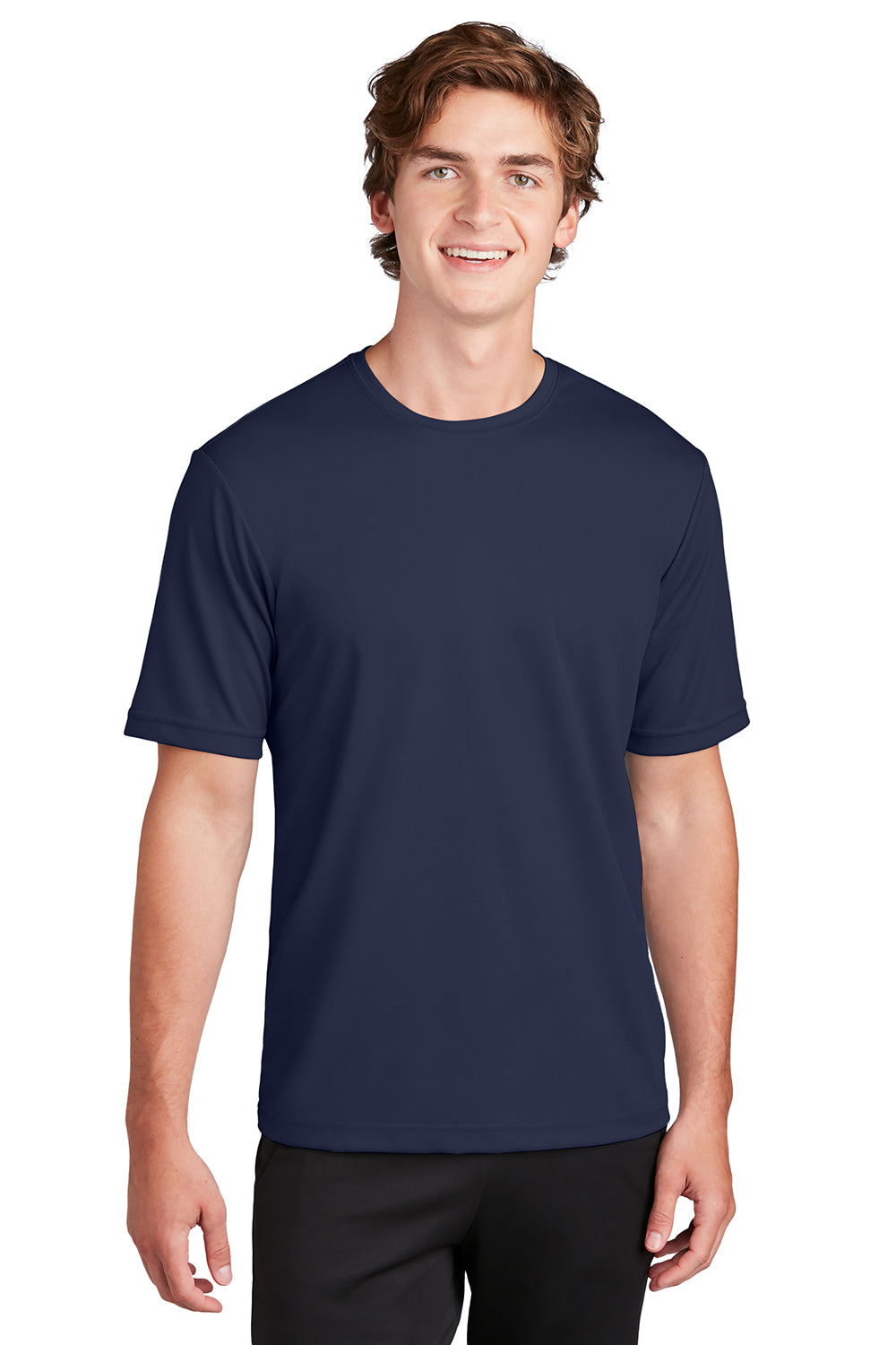 Sport-Tek ST340 Mens RacerMesh Moisture Wicking Short Sleeve Crewneck T-Shirt True Navy Blue Model Front