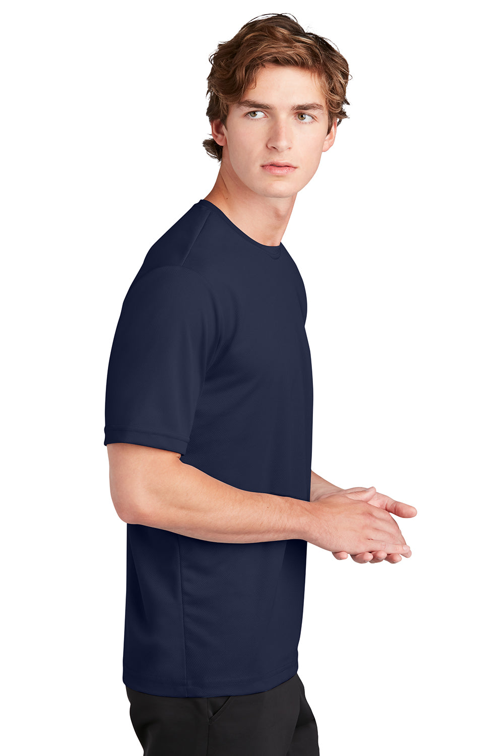 Sport-Tek ST340 Mens RacerMesh Moisture Wicking Short Sleeve Crewneck T-Shirt True Navy Blue Model Side