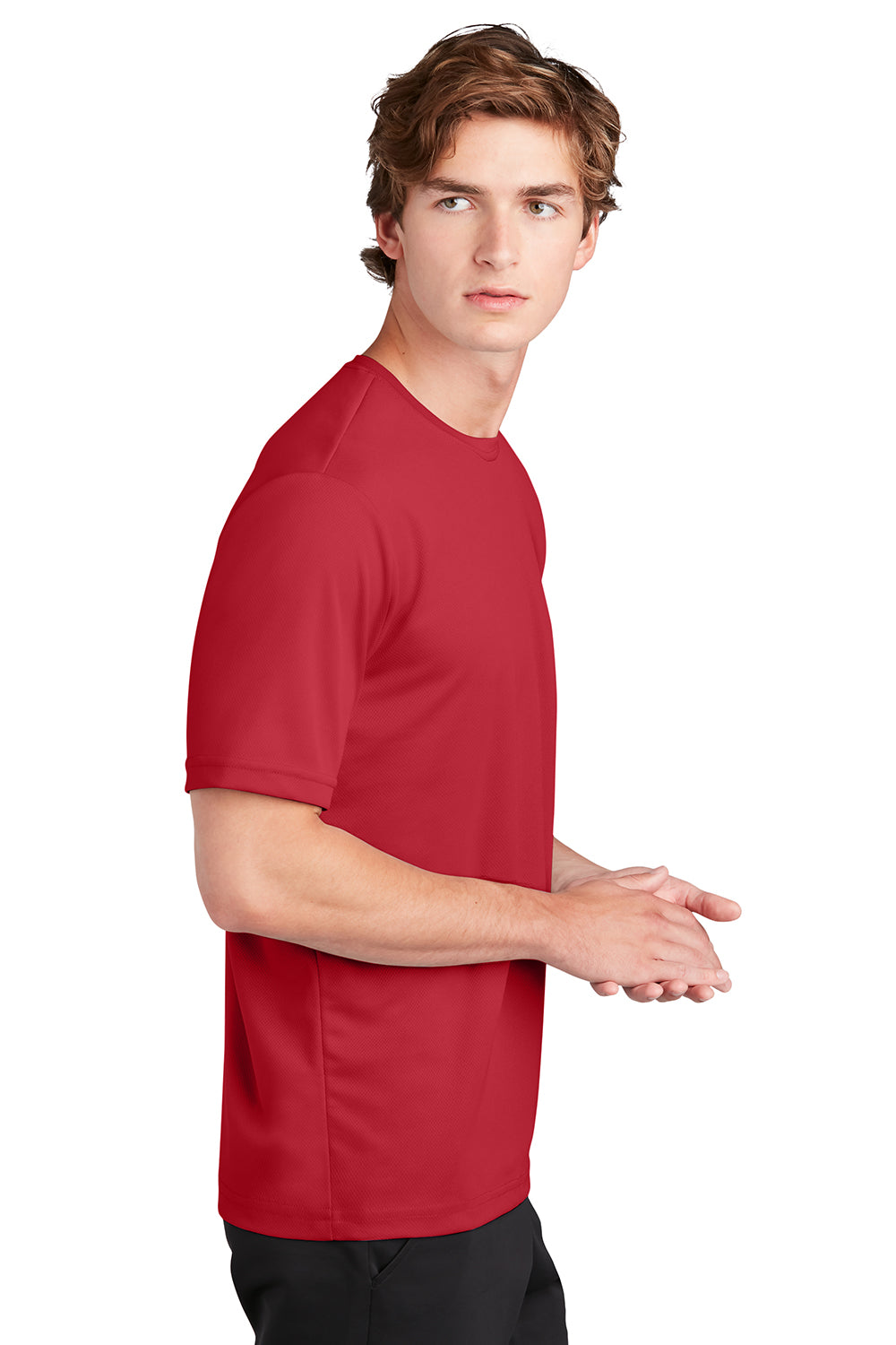 Sport-Tek ST340 Mens RacerMesh Moisture Wicking Short Sleeve Crewneck T-Shirt True Red Model Side