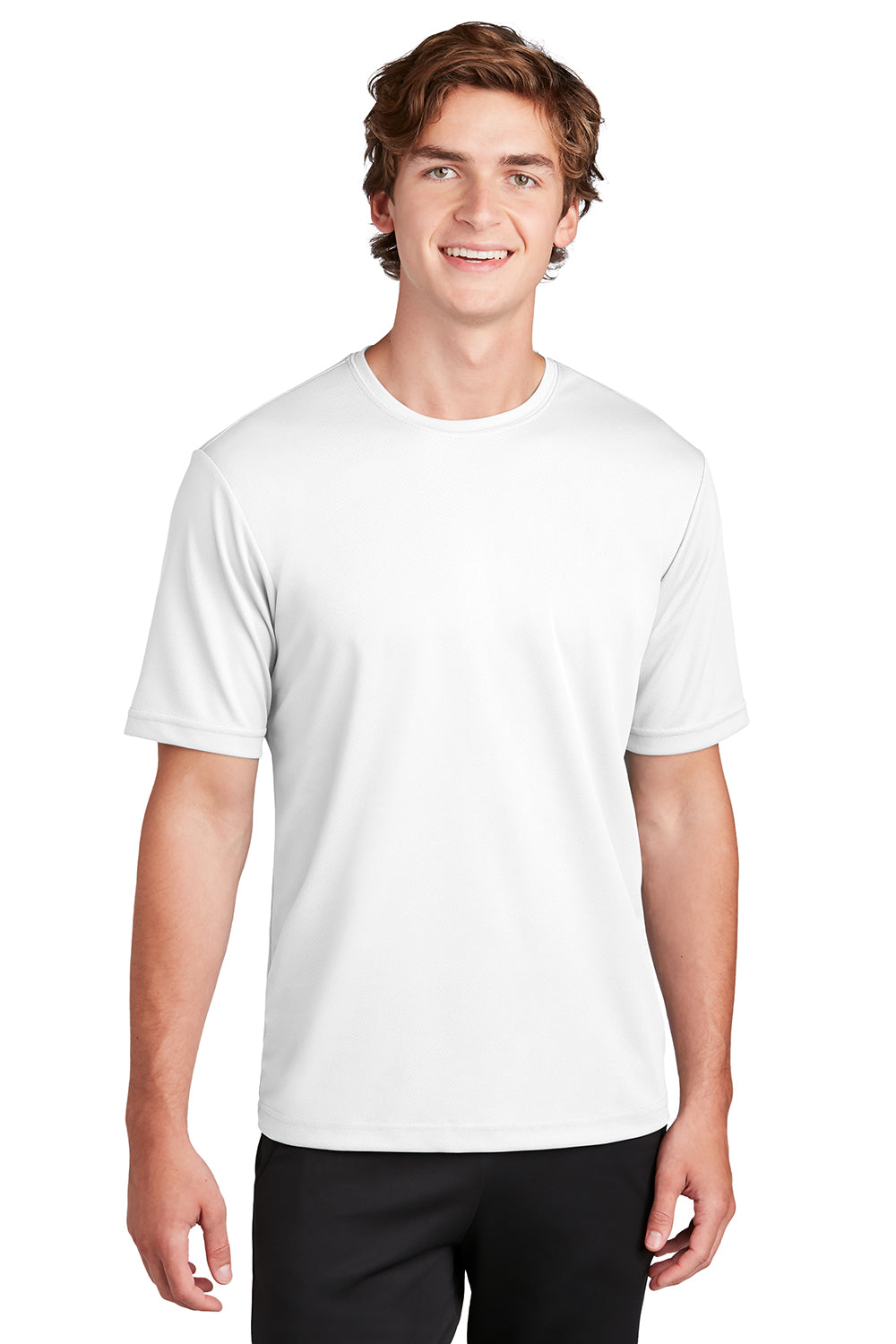 Sport-Tek ST340 Mens RacerMesh Moisture Wicking Short Sleeve Crewneck T-Shirt White Model Front