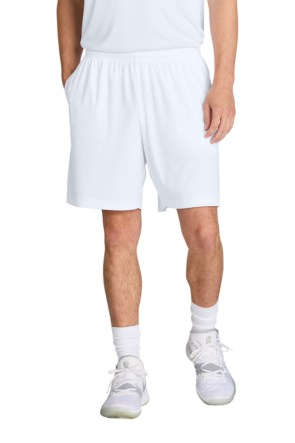 Sport-Tek ST349P Mens PosiCharge Competitor Athletic Shorts w/ Pockets White Model Front