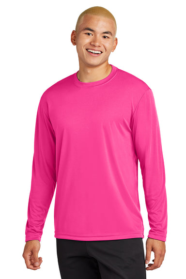 Sport-Tek ST350LS/TST350LS Mens Competitor Moisture Wicking Long Sleeve Crewneck T-Shirt Neon Pink Model Front