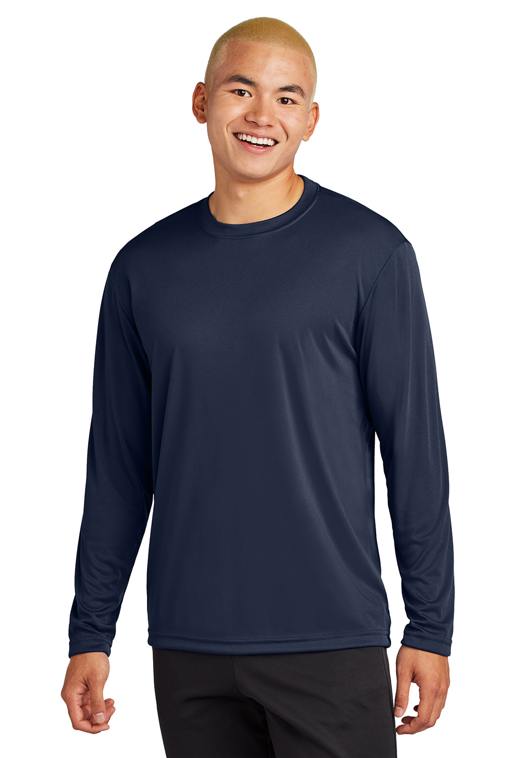 Sport-Tek ST350LS/TST350LS Mens Competitor Moisture Wicking Long Sleeve Crewneck T-Shirt True Navy Blue Model Front