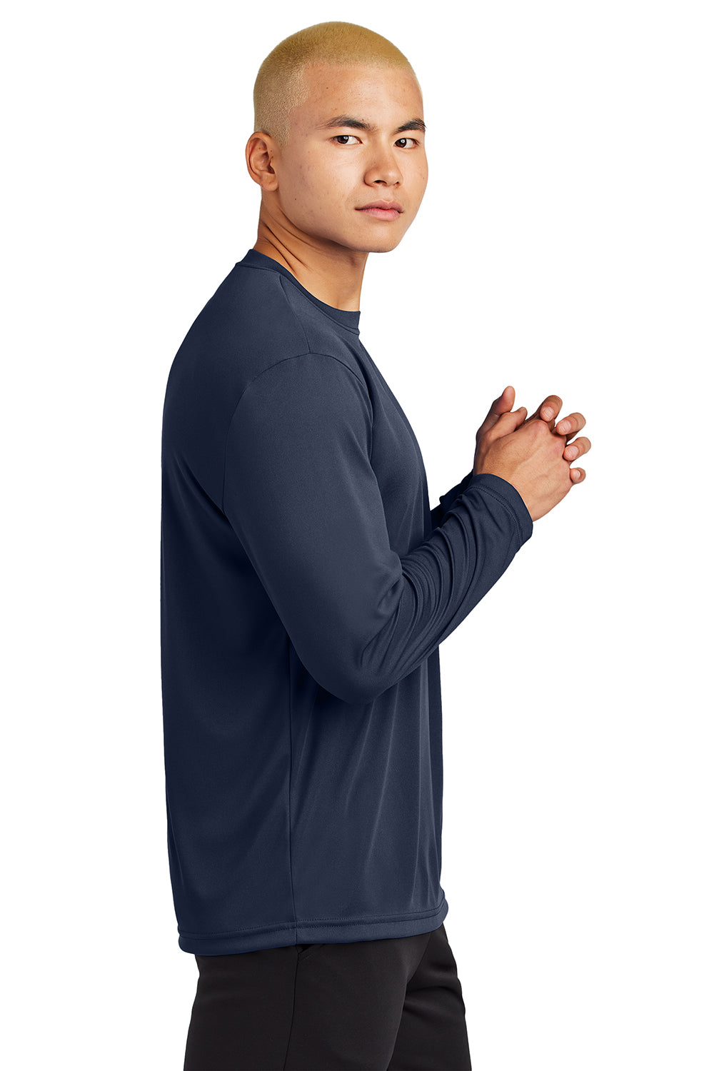 Sport-Tek ST350LS/TST350LS Mens Competitor Moisture Wicking Long Sleeve Crewneck T-Shirt True Navy Blue Model Side