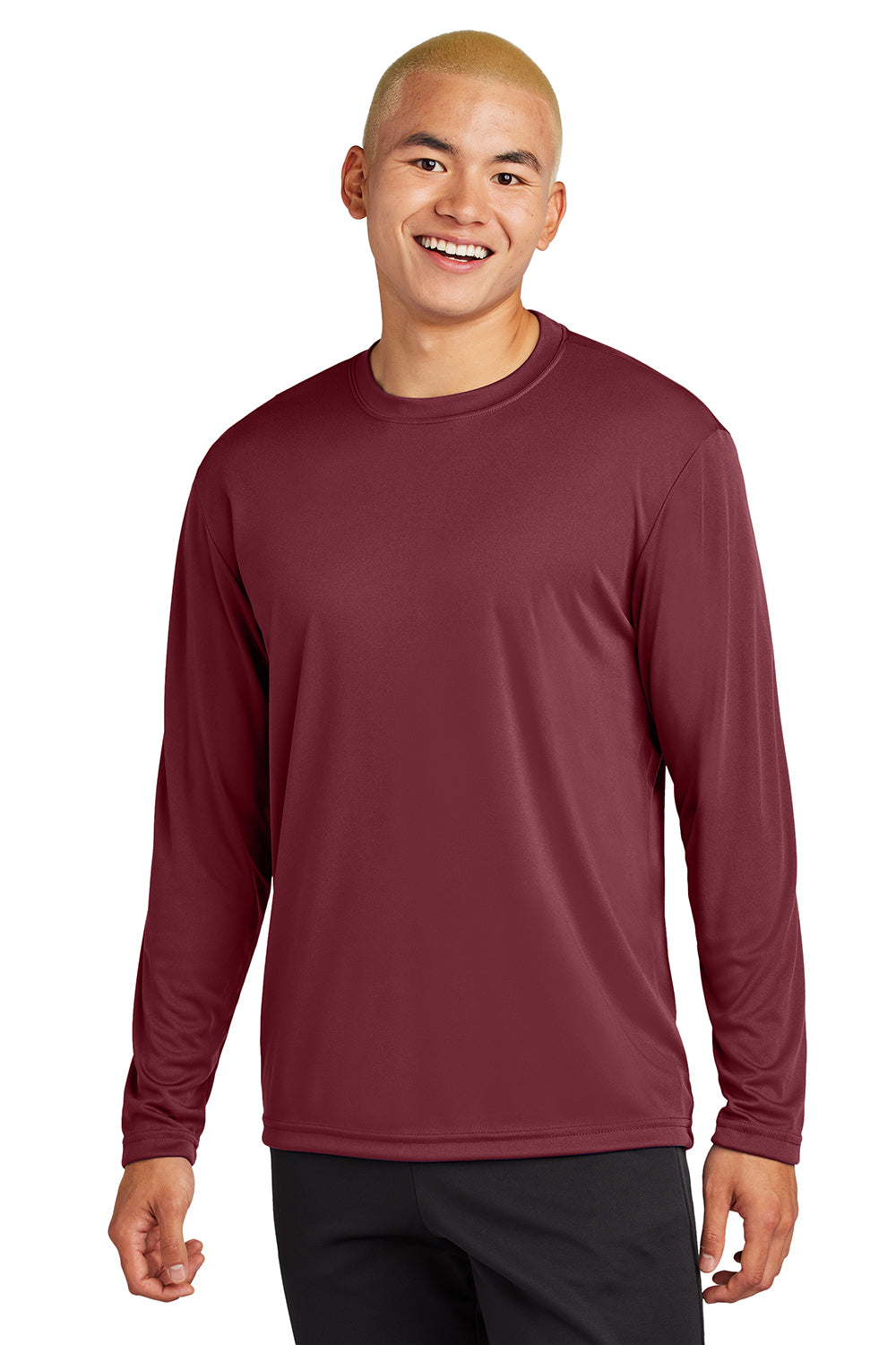 Sport-Tek ST350LS/TST350LS Mens Competitor Moisture Wicking Long Sleeve Crewneck T-Shirt Maroon Model Front