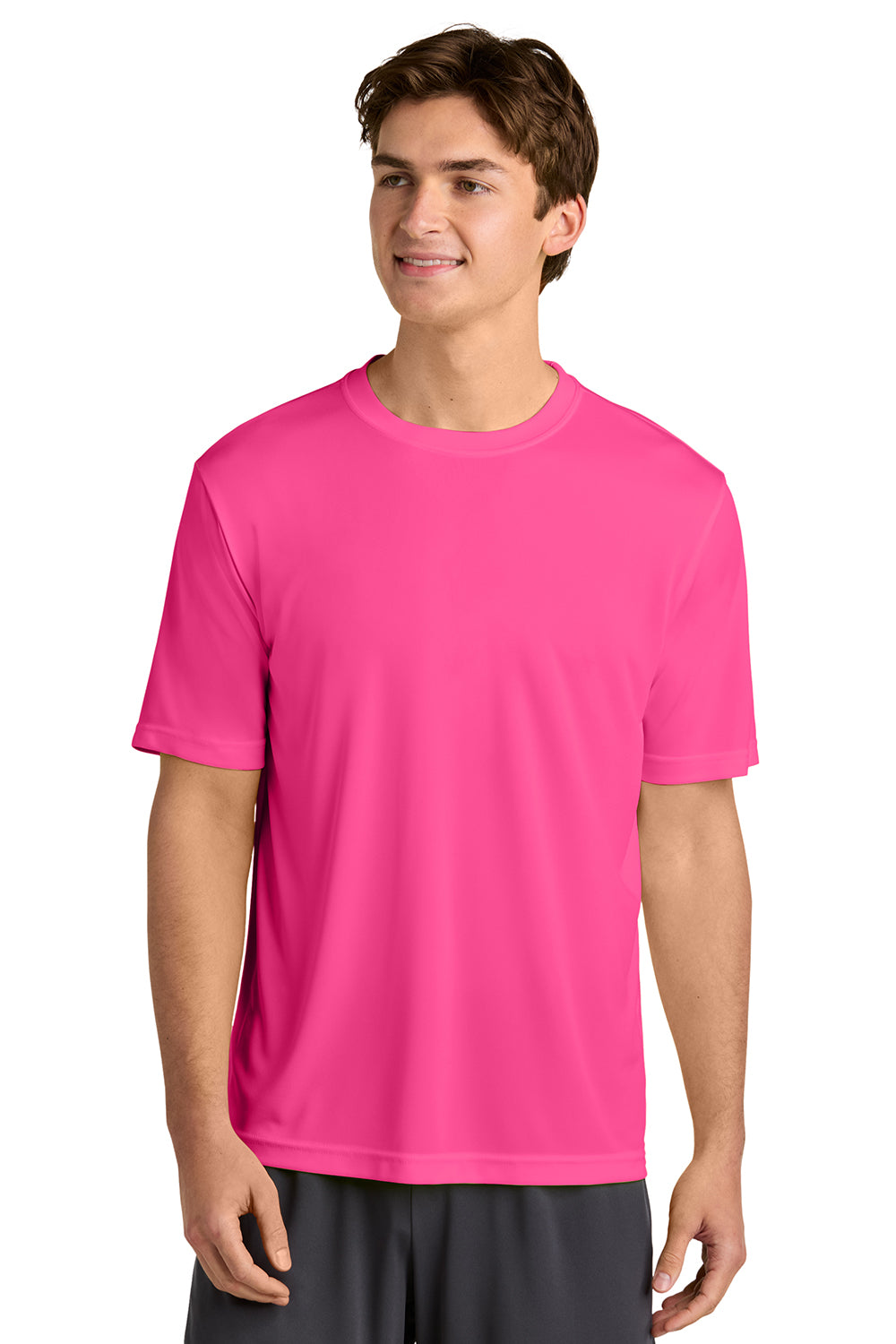 Sport-Tek ST350/TST350 Mens Competitor Moisture Wicking Short Sleeve Crewneck T-Shirt Neon Pink Model Front