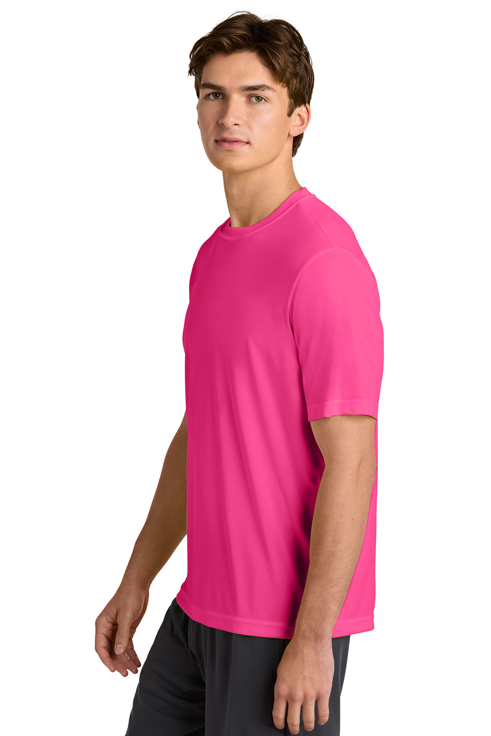 Sport-Tek ST350/TST350 Mens Competitor Moisture Wicking Short Sleeve Crewneck T-Shirt Neon Pink Model Side