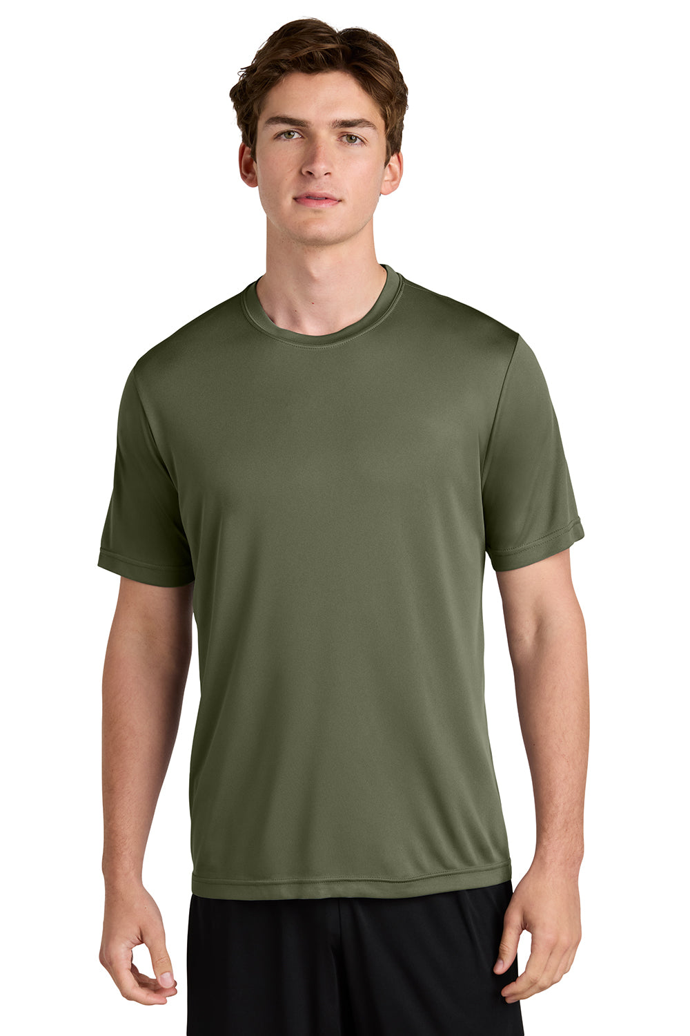 Sport-Tek ST350/TST350 Mens Competitor Moisture Wicking Short Sleeve Crewneck T-Shirt Olive Drab Green Model Front