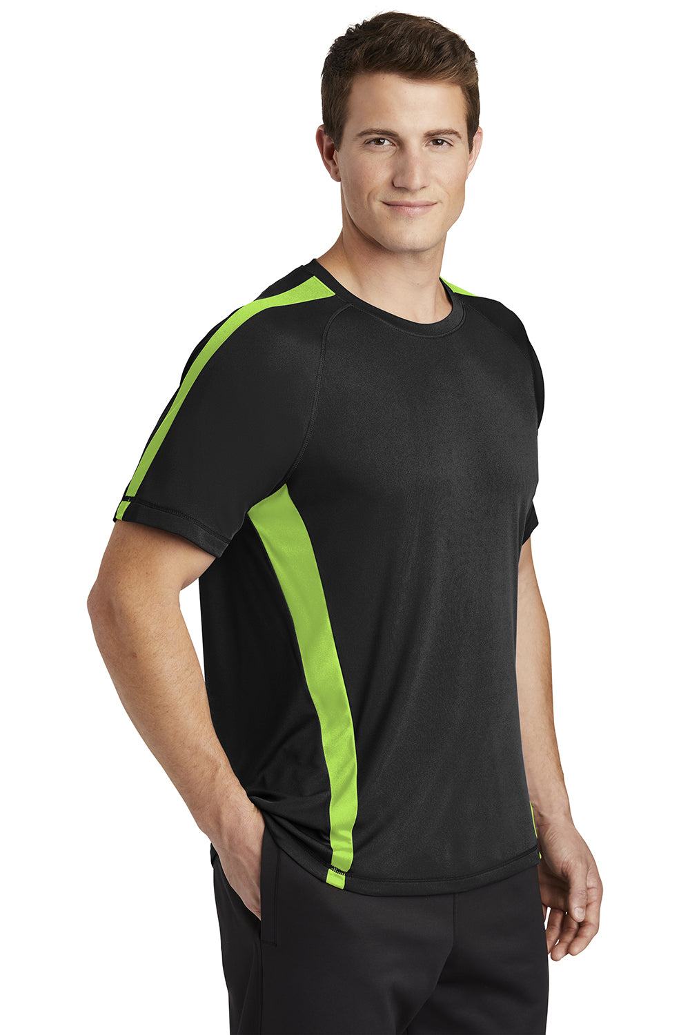 Sport-Tek ST351 Mens Competitor Moisture Wicking Short Sleeve Crewneck T-Shirt Black/Lime Shock Green Model 3q