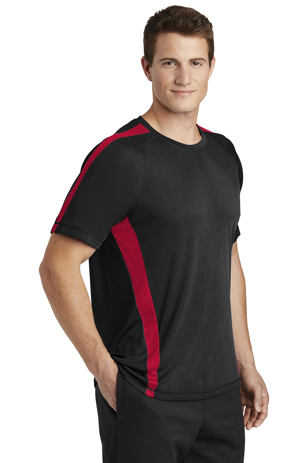 Sport-Tek ST351 Mens Competitor Moisture Wicking Short Sleeve Crewneck T-Shirt Black/True Red Model 3q