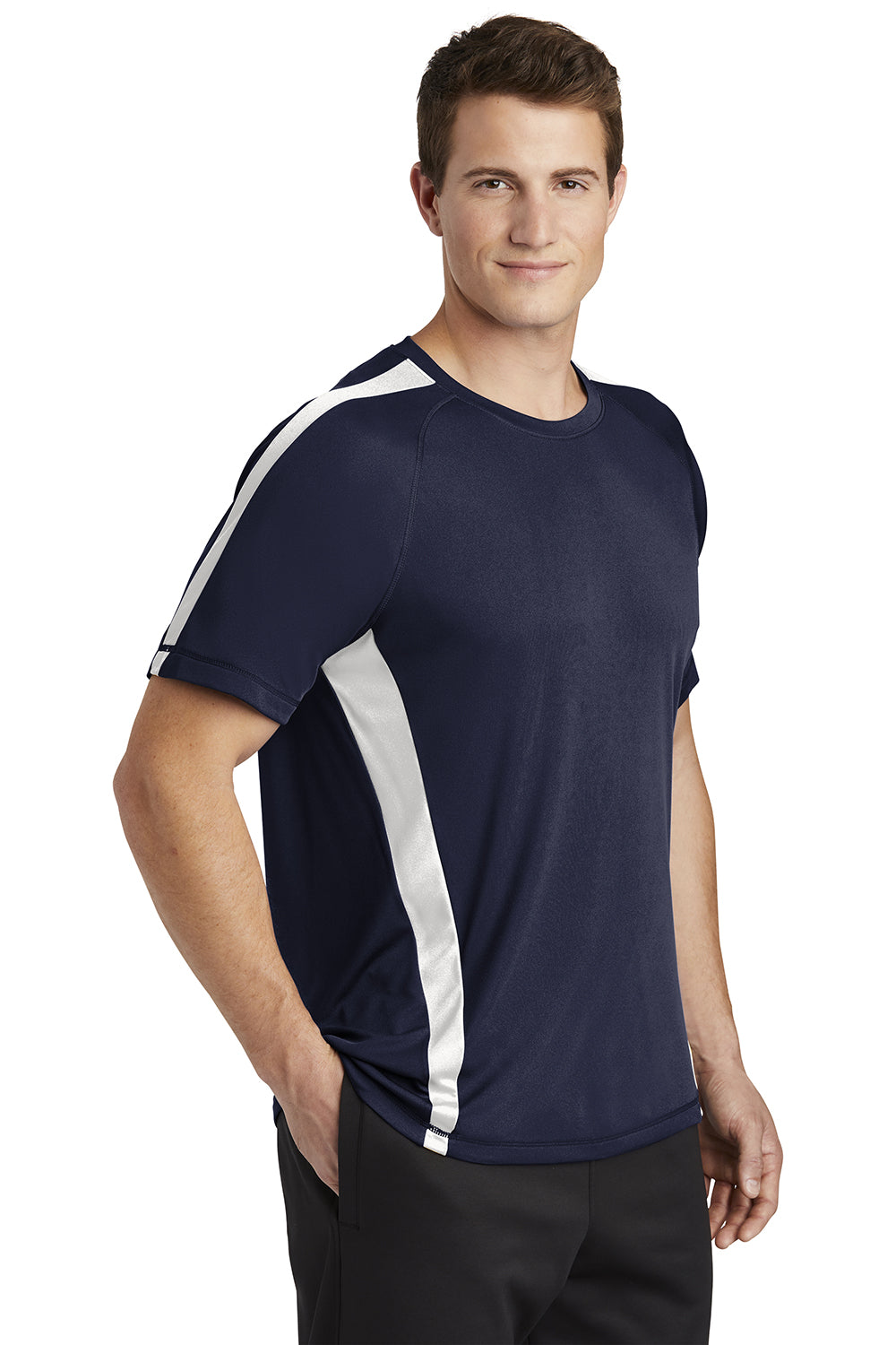 Sport-Tek ST351 Mens Competitor Moisture Wicking Short Sleeve Crewneck T-Shirt True Navy Blue/White Model 3q