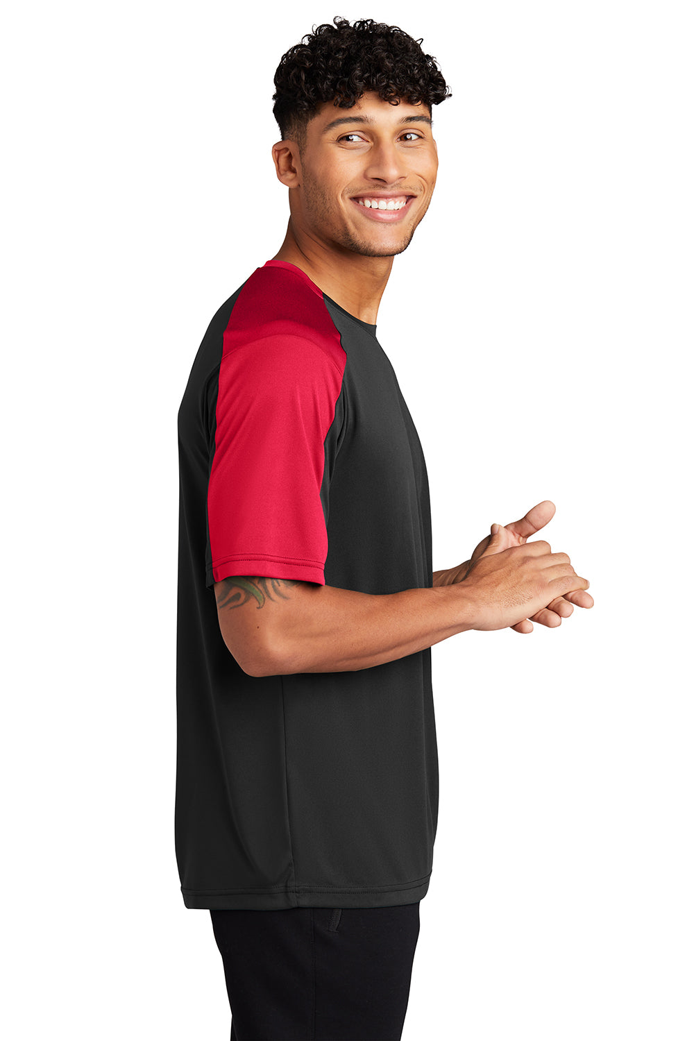 Sport-Tek ST354 Mens Competitor Moisture Wicking Short Sleeve Crewneck T-Shirt Black/True Red Model Side