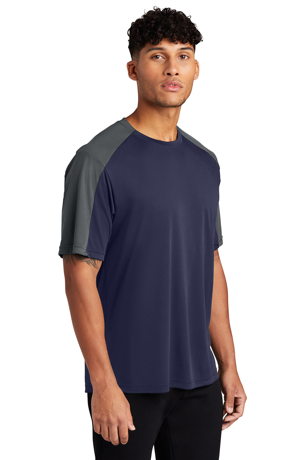 Sport-Tek ST354 Mens Competitor Moisture Wicking Short Sleeve Crewneck T-Shirt True Navy Blue/Iron Grey Model 3q