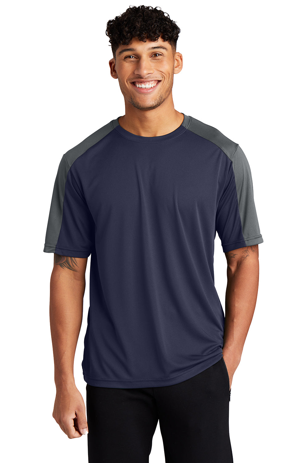 Sport-Tek ST354 Mens Competitor Moisture Wicking Short Sleeve Crewneck T-Shirt True Navy Blue/Iron Grey Model Front