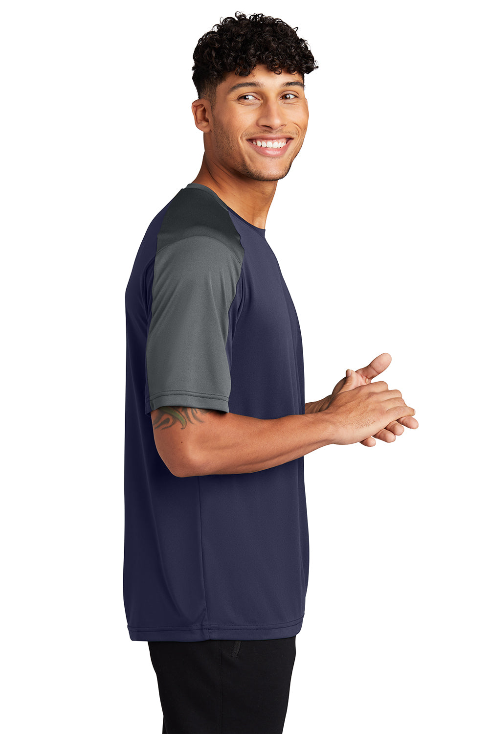 Sport-Tek ST354 Mens Competitor Moisture Wicking Short Sleeve Crewneck T-Shirt True Navy Blue/Iron Grey Model Side