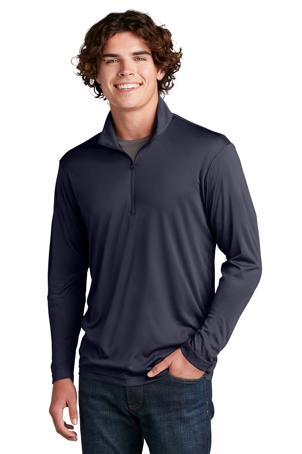 Sport-Tek ST357 Mens Competitor Moisture Wicking 1/4 Zip Sweatshirt True Navy Blue Model Front