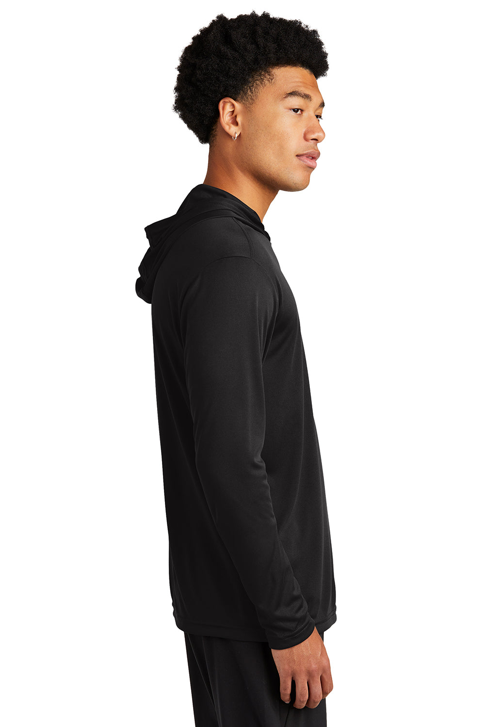 Sport-Tek ST358 Mens Competitor Moisture Wicking Long Sleeve Hooded T-Shirt Hoodie Black Model Side