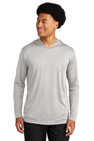 Sport-Tek ST358 Mens Competitor Moisture Wicking Long Sleeve Hooded T-Shirt Hoodie Silver Grey Model Front